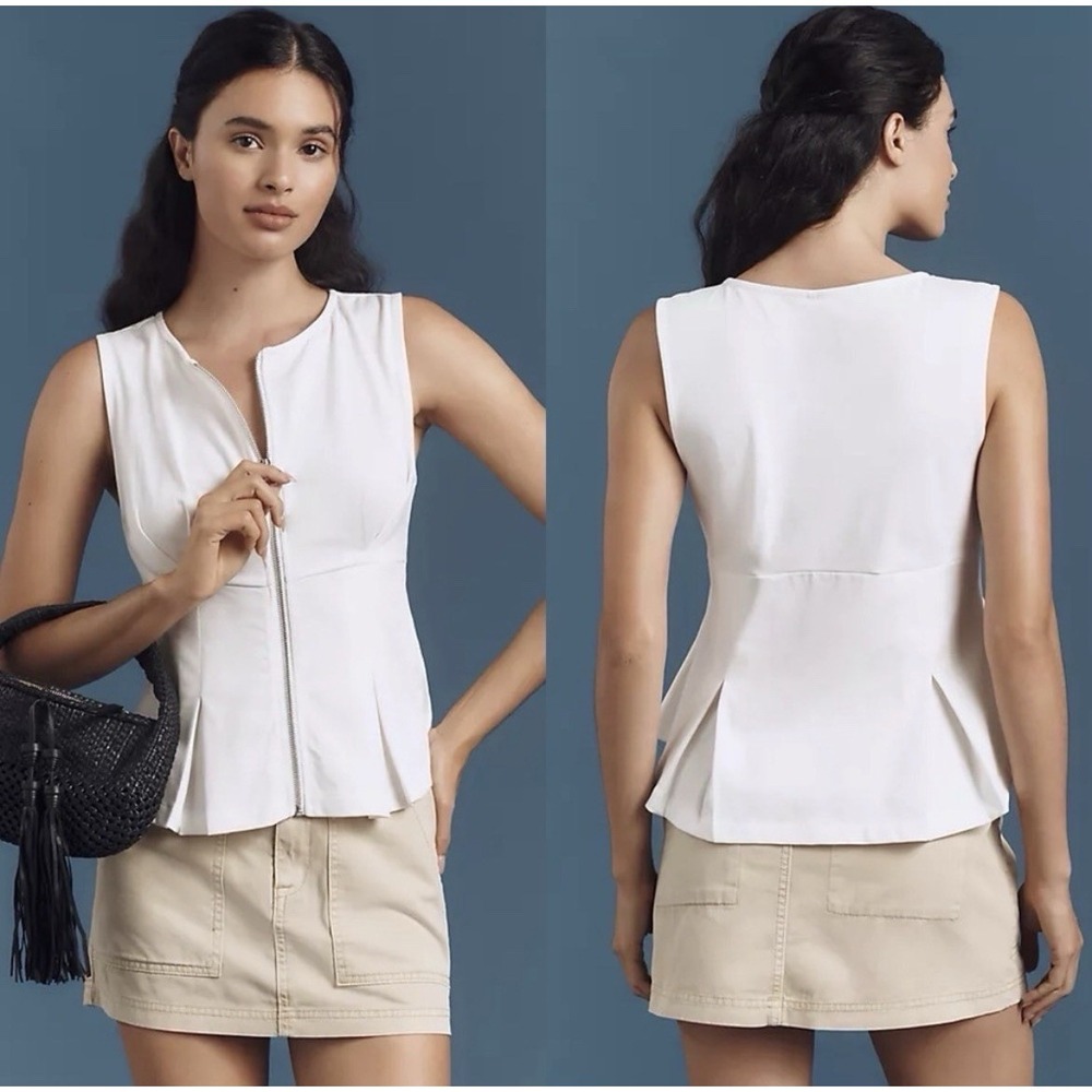 Anthropologie Medium White Sleeveless Zip Front Peplum Knit Cotton Top